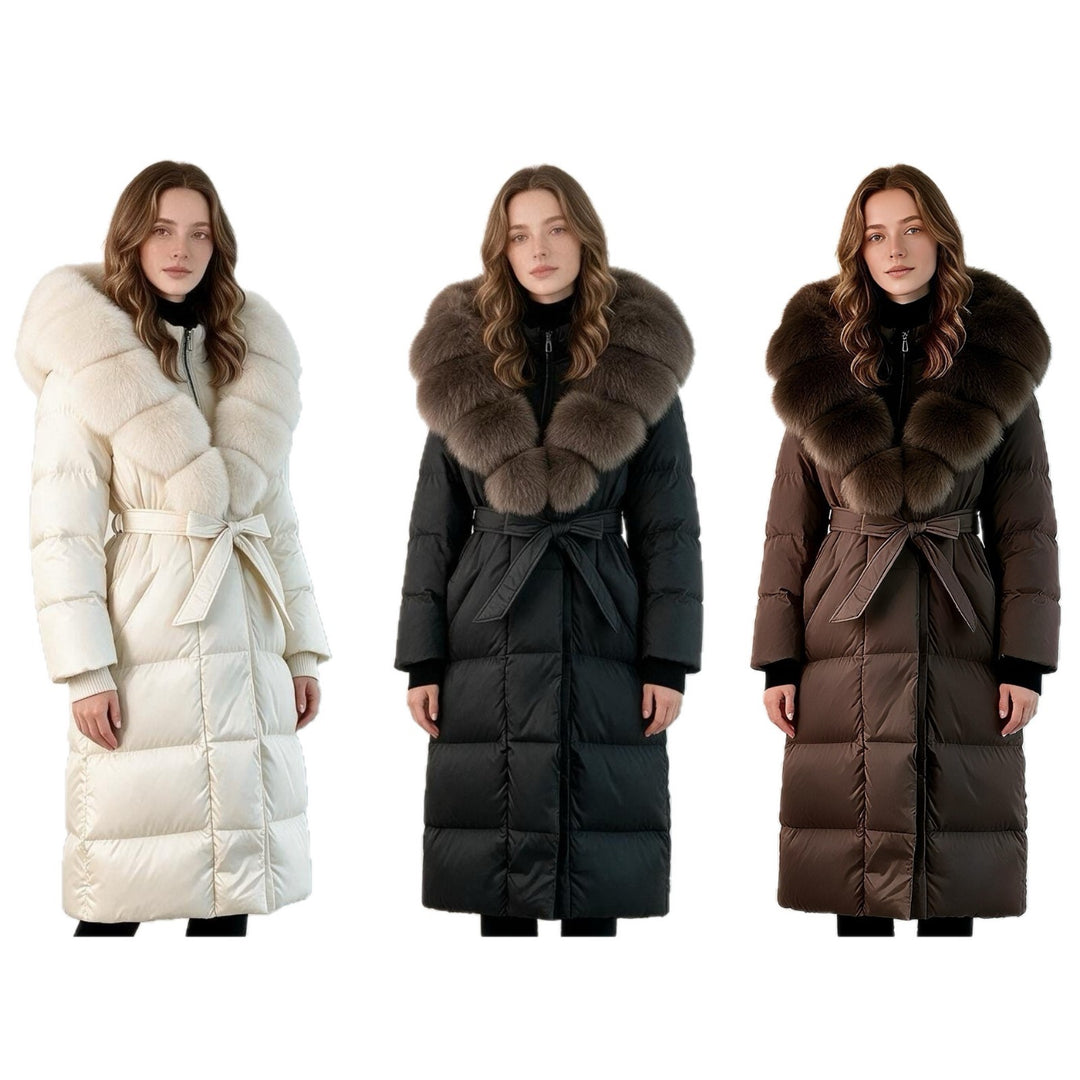 Damen nan langer gesteppter Mantel mit übergroßem Fellkragen und Bindegürtel Shop Nory