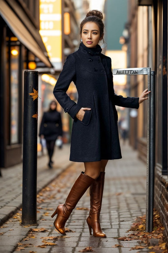 Damen nan taillierter Wollmantel mit Stehkragen und doppelreihiger Knopfleiste Shop Nory