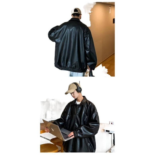 Herren Oversized PU-Leder-Shacket mit Pattentaschen und elastischen Bündchen Shop Nory