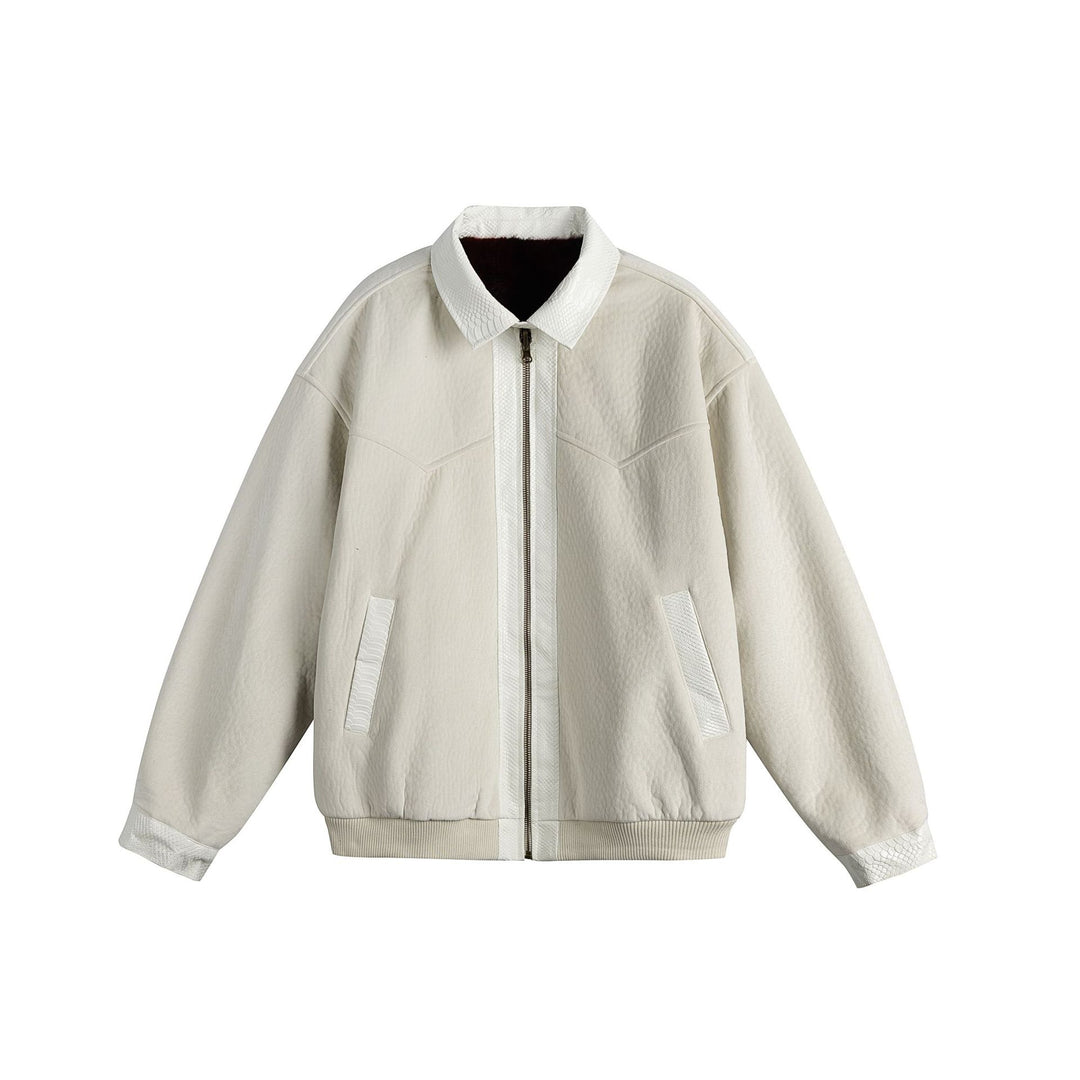 Unisex Oversize Blousonjacke aus Velours‑Suede mit Reptilprägung‑Besatz und wärmender Teddyungfutter Shop Nory