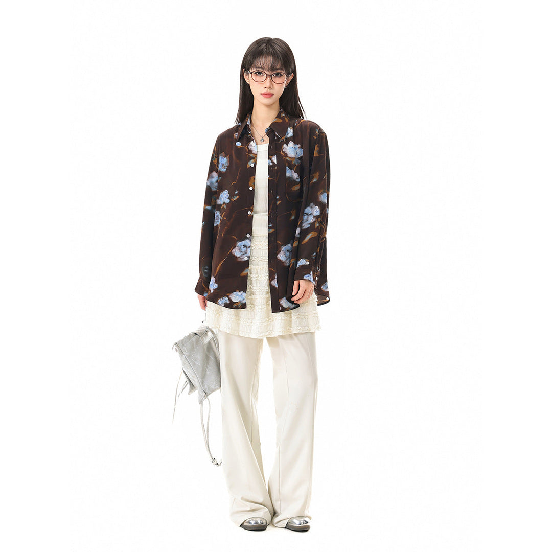 Damen Oversize-Hemdbluse mit abstraktem Blumenprint und aufgesetzter Brusttasche Shop Nory
