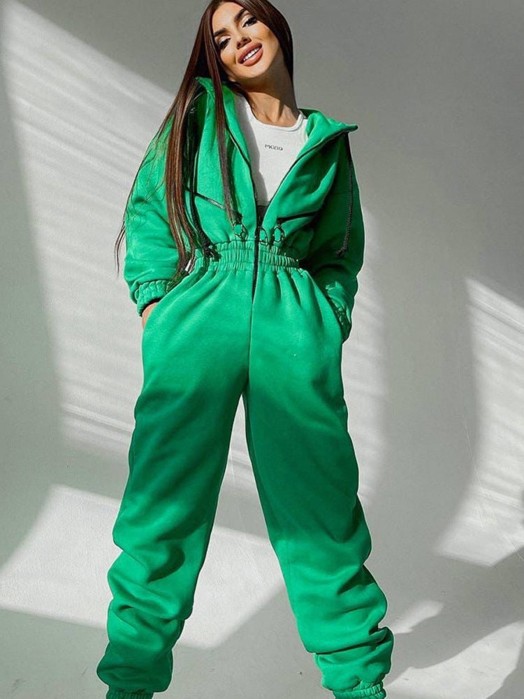 Damen Taillierter Kapuzen-Sweat-Jumpsuit mit Reißverschluss und elastischem Taillenbund Shop Nory