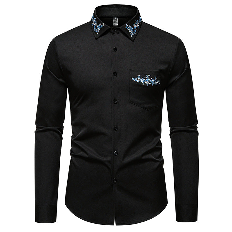 Herren Elegantes Slim-Fit Hemd mit floraler Stickerei am Kragen und aufgesetzter Brusttasche Shop Nory