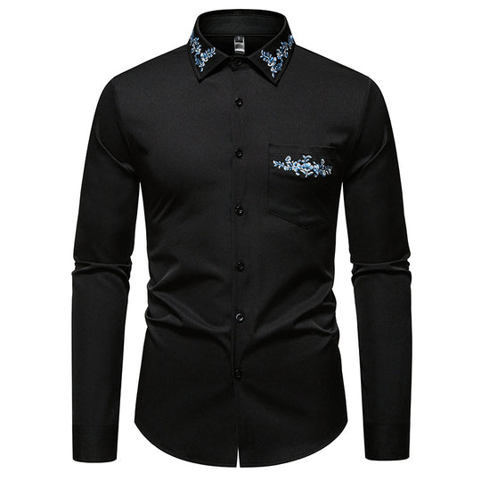 Herren Elegantes Slim-Fit Hemd mit floraler Stickerei am Kragen und aufgesetzter Brusttasche Shop Nory