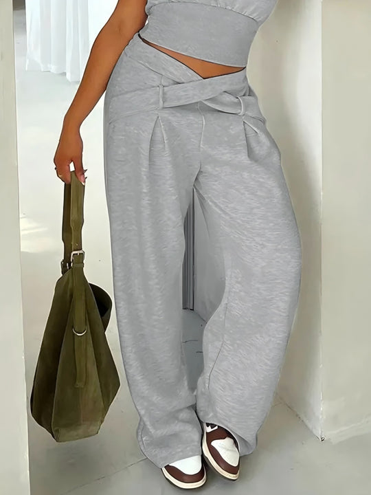 Damen Weite High-Waist-Hose mit Wickelbund, Ziergürtel und Bundschnitt Shop Nory
