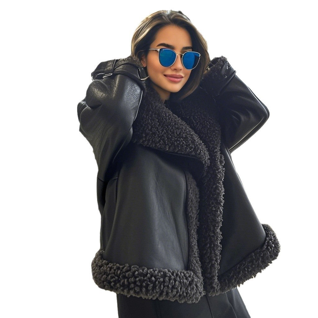 Damen Kurz geschnittene Aviator-Lederjacke mit Teddyfutter, großem Kragen und Oversize-Silhouette Shop Nory
