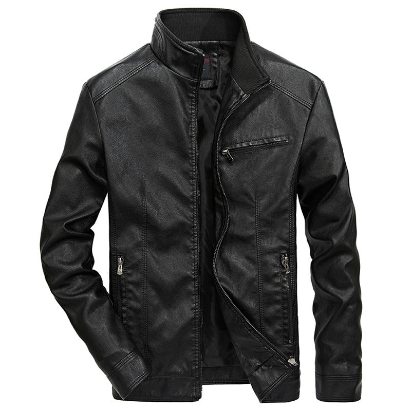 Herren Slim-Fit Kunstleder-Motojacke mit Stehkragen, Reißverschluss-Taschen und verstärkter Nahtführung Shop Nory