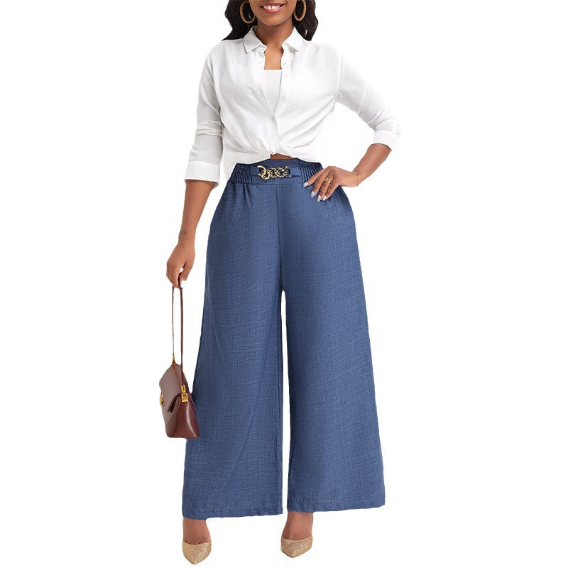 Damen Lässige Palazzo-Hose mit hoher Smock-Taille und dekorativer Kettenapplikation Shop Nory