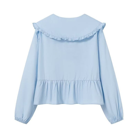 Damen Rüschige Cropped-Bluse mit übergroßem Kragen, Bindebändern und tailliertem Peplum Shop Nory