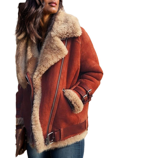 Damen Kurze Fliegerjacke mit Teddyfutter, weichem Lammfellkragen und Reißverschluss Shop Nory