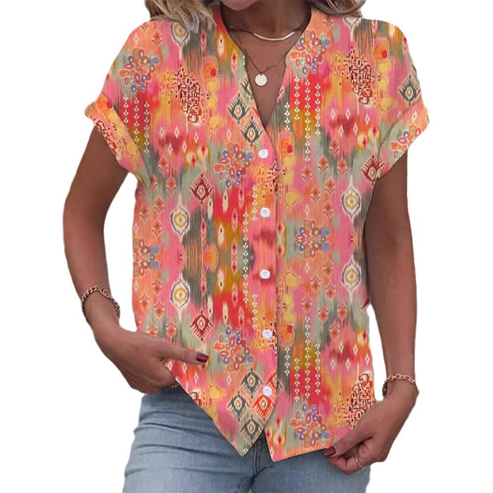 Damen Kurzarmbluse mit kunstvollem Ikat-Design
