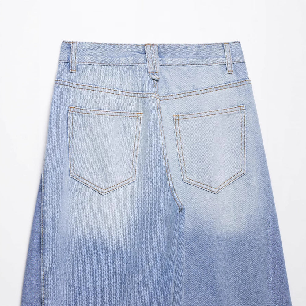 Damen weite Patchwork-Jeans mit hohem Bund, Kontrastseiten und rohem Saum Shop Nory