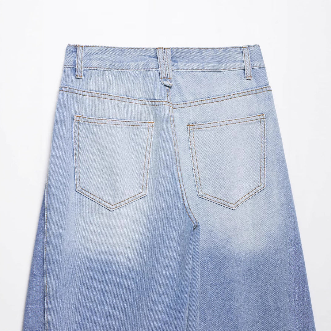 Damen weite Patchwork-Jeans mit hohem Bund, Kontrastseiten und rohem Saum Shop Nory