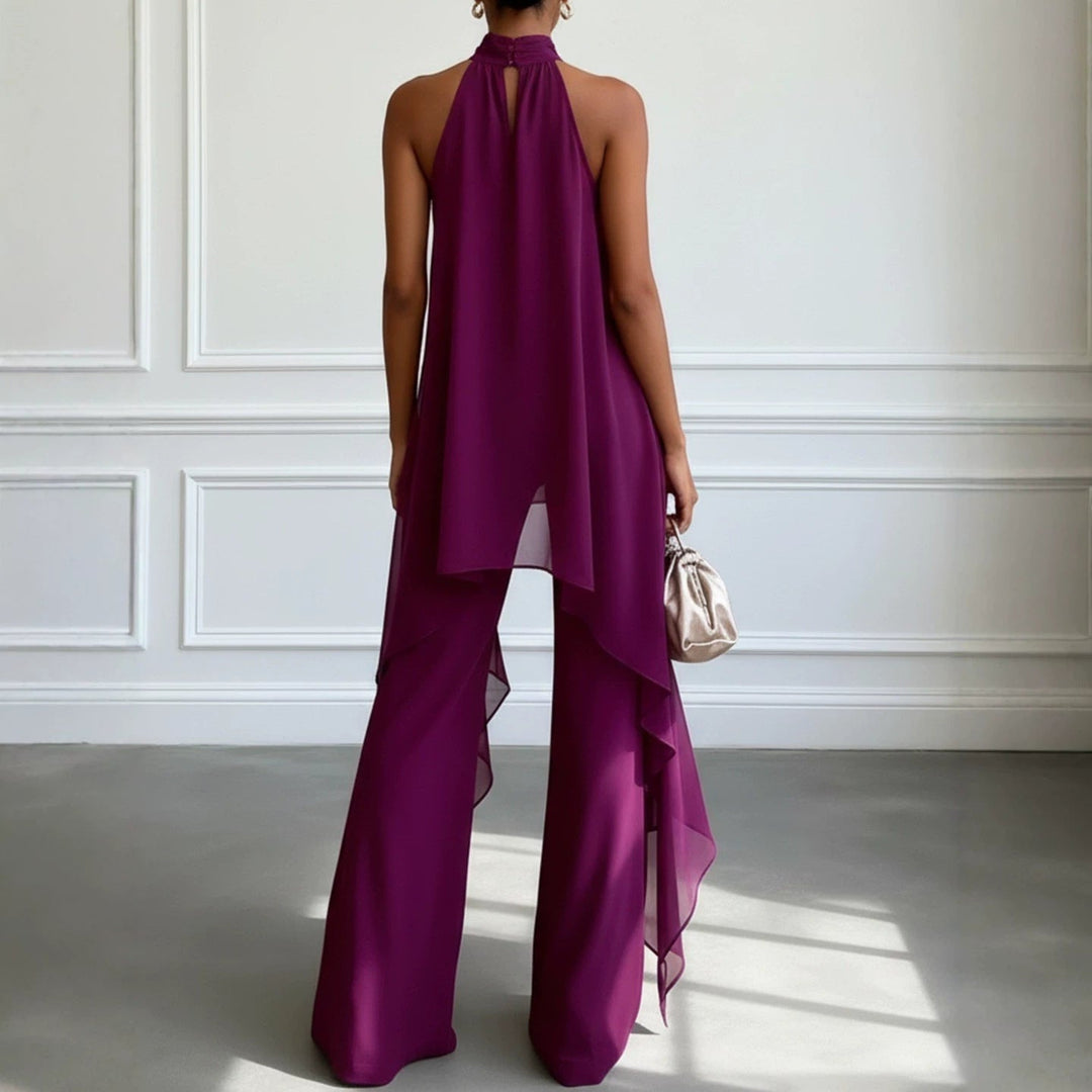 Damen nan elegantes Abendzweiteiler mit gerafftem Stehkragen, asymmetrischem Volant und fließender Schlaghose