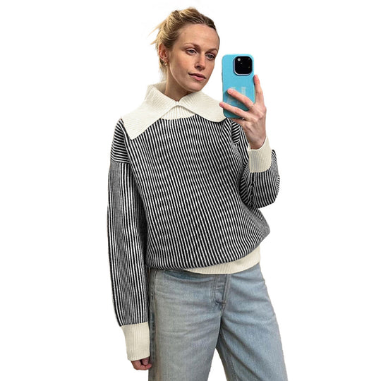 Damen Gestreifter Strickpullover mit übergroßem Kontrastkragen Shop Nory