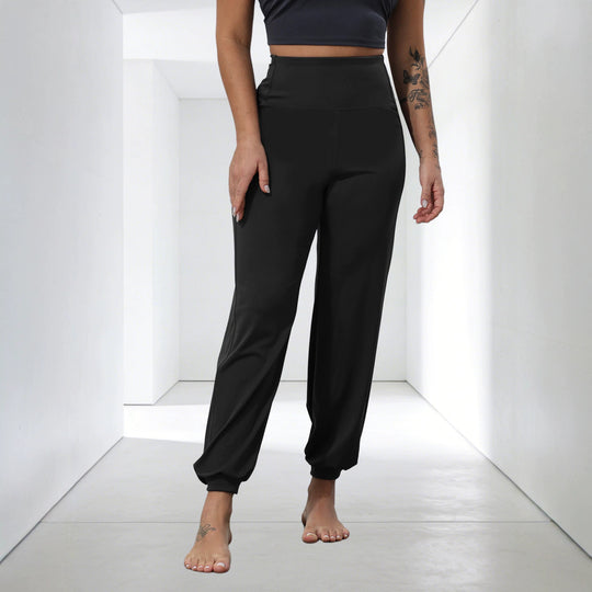 Damen weiche High-Waist Relax-Hose mit weitem Bein, elastischem Komfortbund und gekräuseltem Knöchelabschluss Shopy Nory