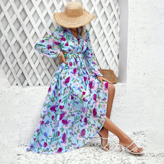 Damen nan luftig-fließendes Chiffon-Maxikleid mit Taillen-Cutouts, Rüschen-V-Ausschnitt und langen, transparenten Ärmeln Shop Nory