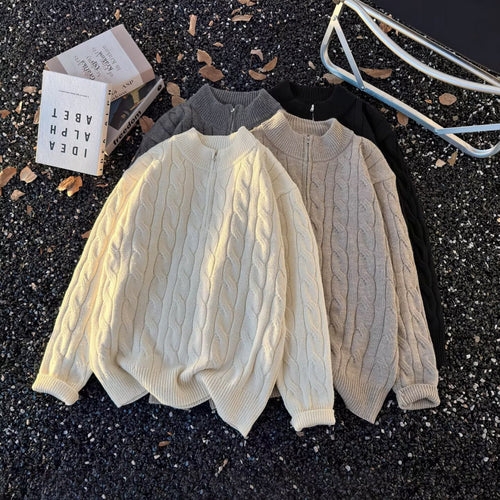 Unisex Oversize-Zopfmuster-Halbzip-Pullover mit extra hohem Rippkragen und schwerer Baumwollmischung Shop Nory