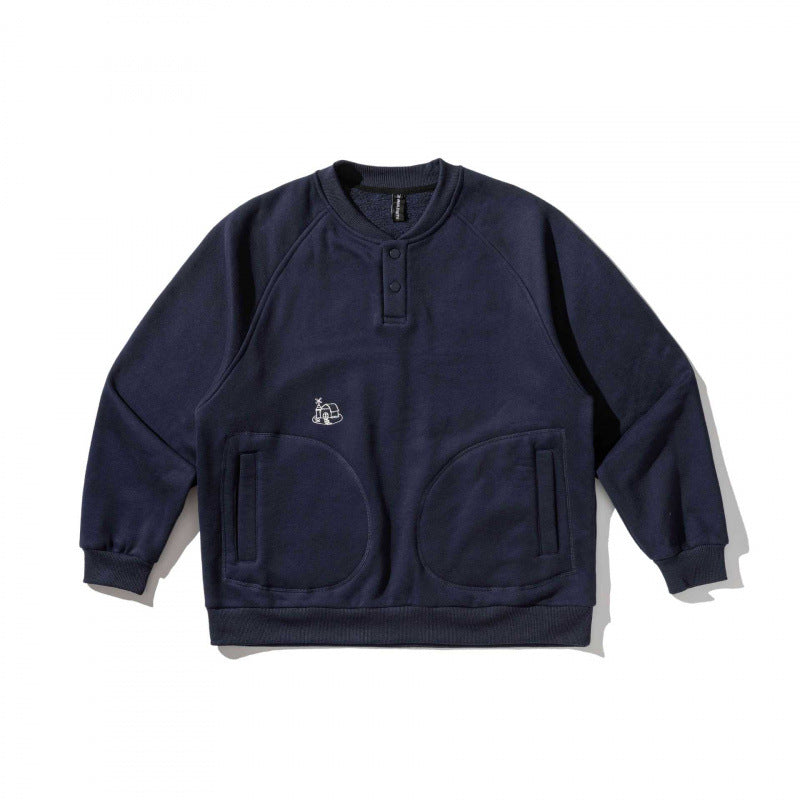 Unisex Oversize-Sweatshirt mit Henley-Knopfleiste, Raglanärmeln und runden Eingrifftaschen Shop Nory