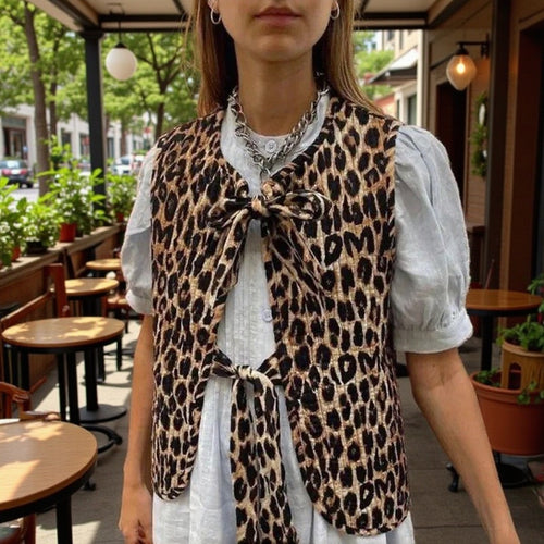 Damen Ärmellose Leoparden-Print-Weste mit Bindeschleifen und strukturierter Oberfläche Shop Nory
