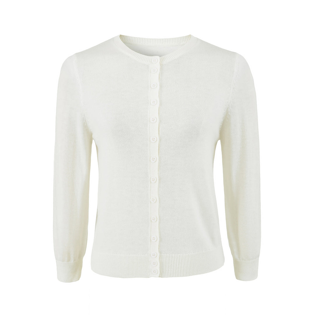 Damen Fein gestrickte Rundhals-Strickjacke mit Knopfleiste und Rippbündchen Shop Nory