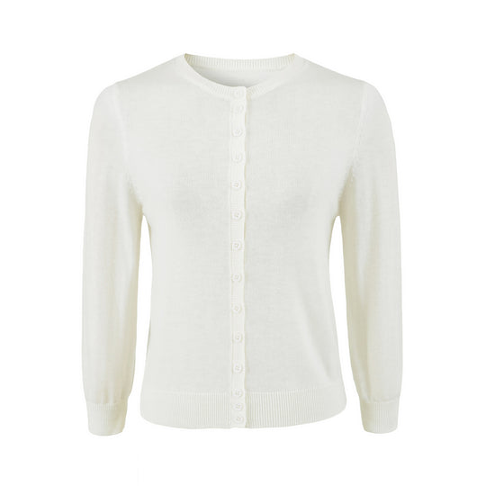 Damen Fein gestrickte Rundhals-Strickjacke mit Knopfleiste und Rippbündchen Shop Nory