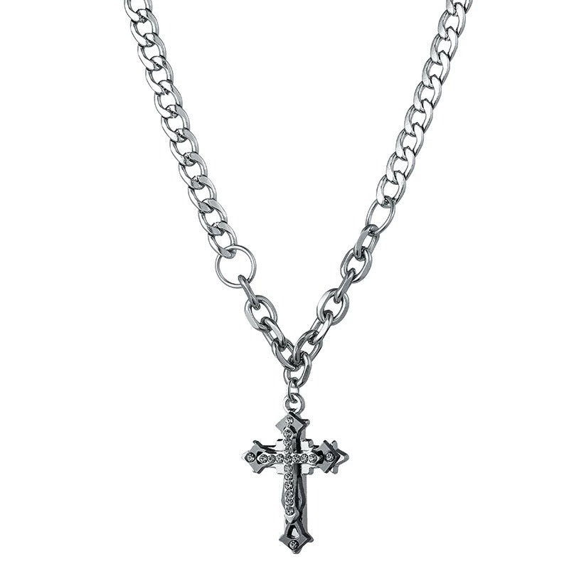 Damen Halskette mit großem Kreuzanhänger aus Edelstahl und funkelnden Zirkonia Shop Nory