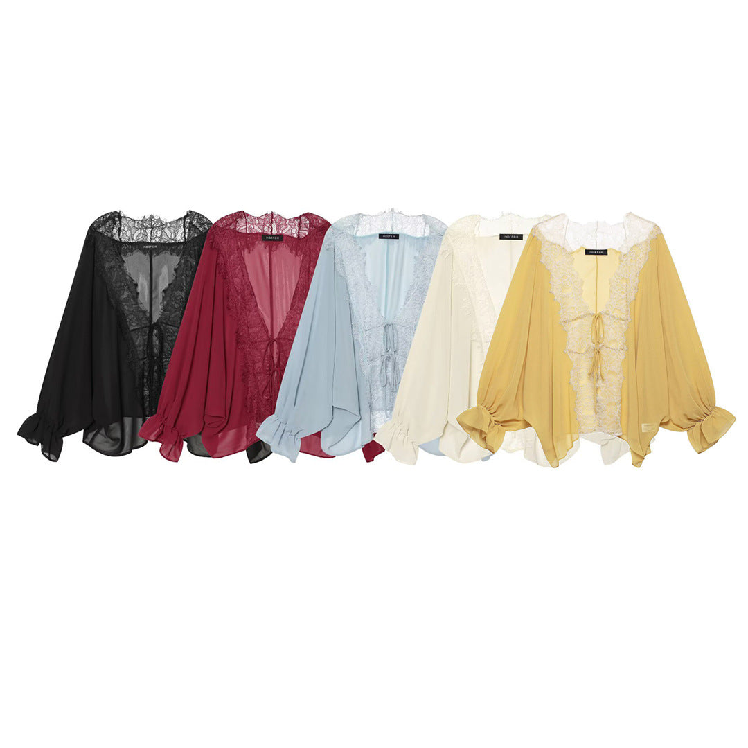 Damen Fließende Kimono‑Bluse mit Spitzenbesatz und Bindeband Shop Nory