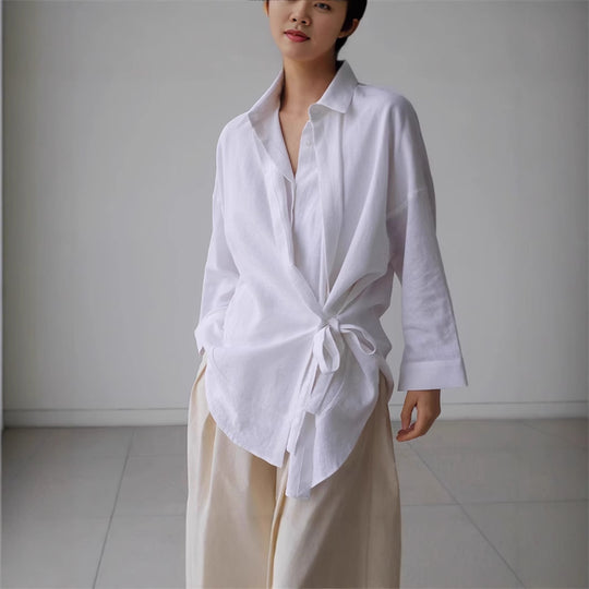 Damen Wickel-Langbluse aus Leinenmix mit Seitenschleife und Oversize-Schnitt Shop Nory