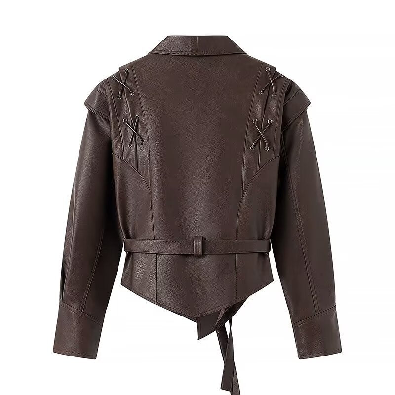 Damen Wickel-Lederjacke mit Taillengürtel, betonter Schulterpartie und femininer Silhouette Shop Nory