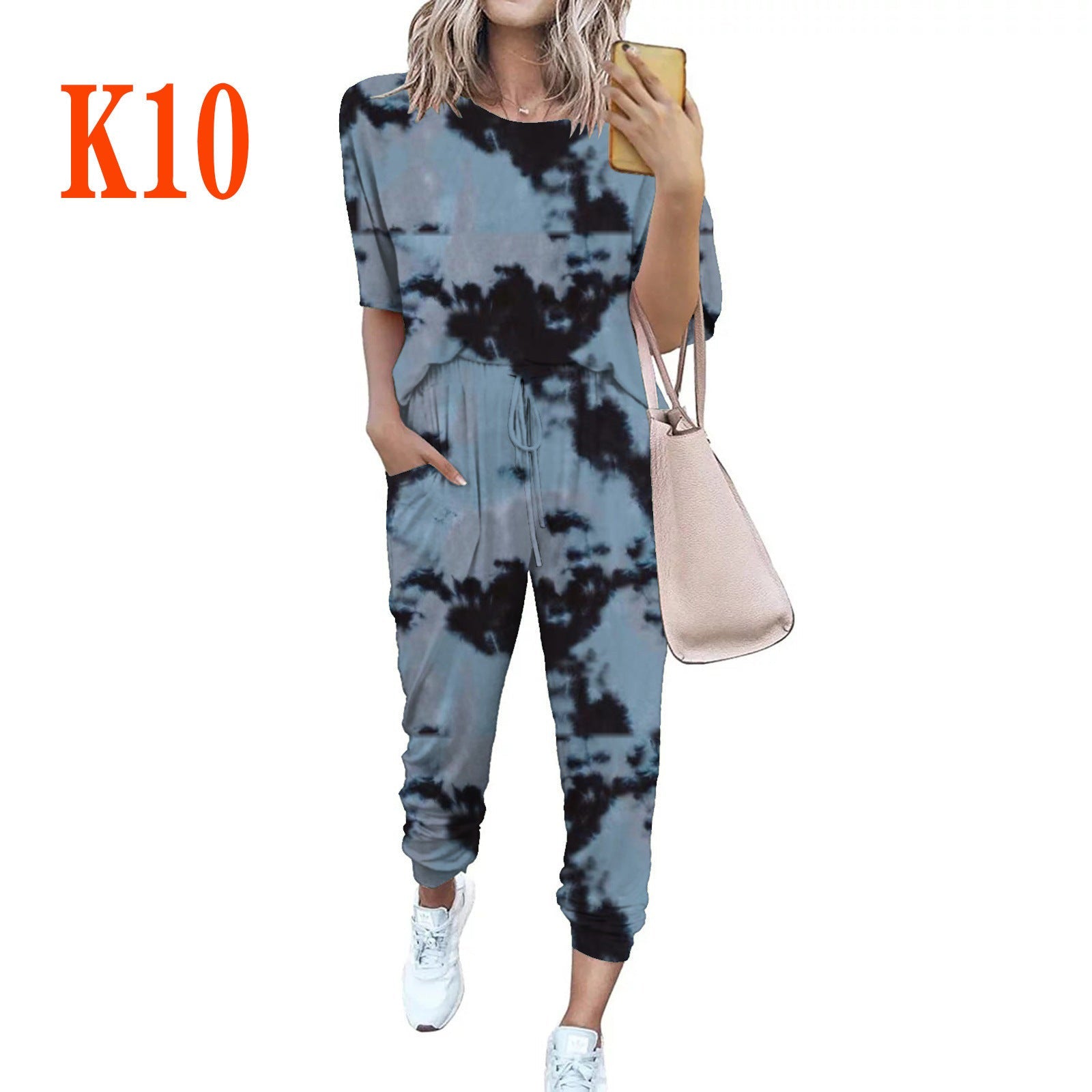 Damen lässiger Jumpsuit mit modischem Batikdesign und praktischen Taschen Shopnory
