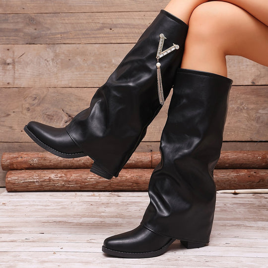 Damen Kniehohe Slouch‑Stiefel mit Strassbesatz und mittlerem Blockabsatz Shop Nory