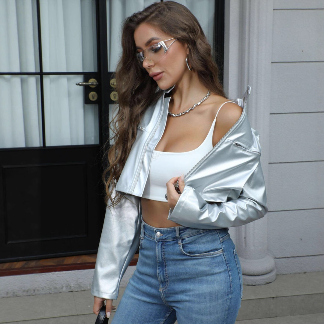 Damen Kurze glänzende Kunstleder-Bikerjacke mit Stehkragen Shop Nory