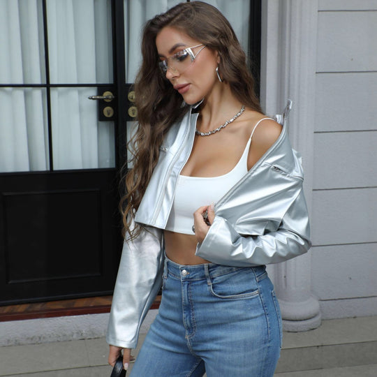 Damen Kurze glänzende Kunstleder-Bikerjacke mit Stehkragen Shop Nory