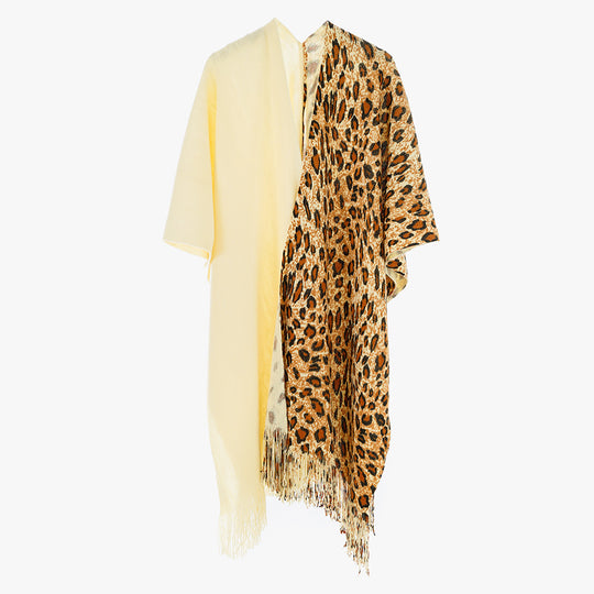 Damen Zweifarbiger Wollmix-Mantelponcho im Kimono-Schnitt mit Animal-Jacquard und Fransensaum Shop Nory