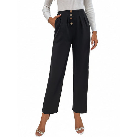 Damen Hochtaillierte Bundfalten-Hose mit dekorativer Knopfleiste und geradem Bein Shop Nory