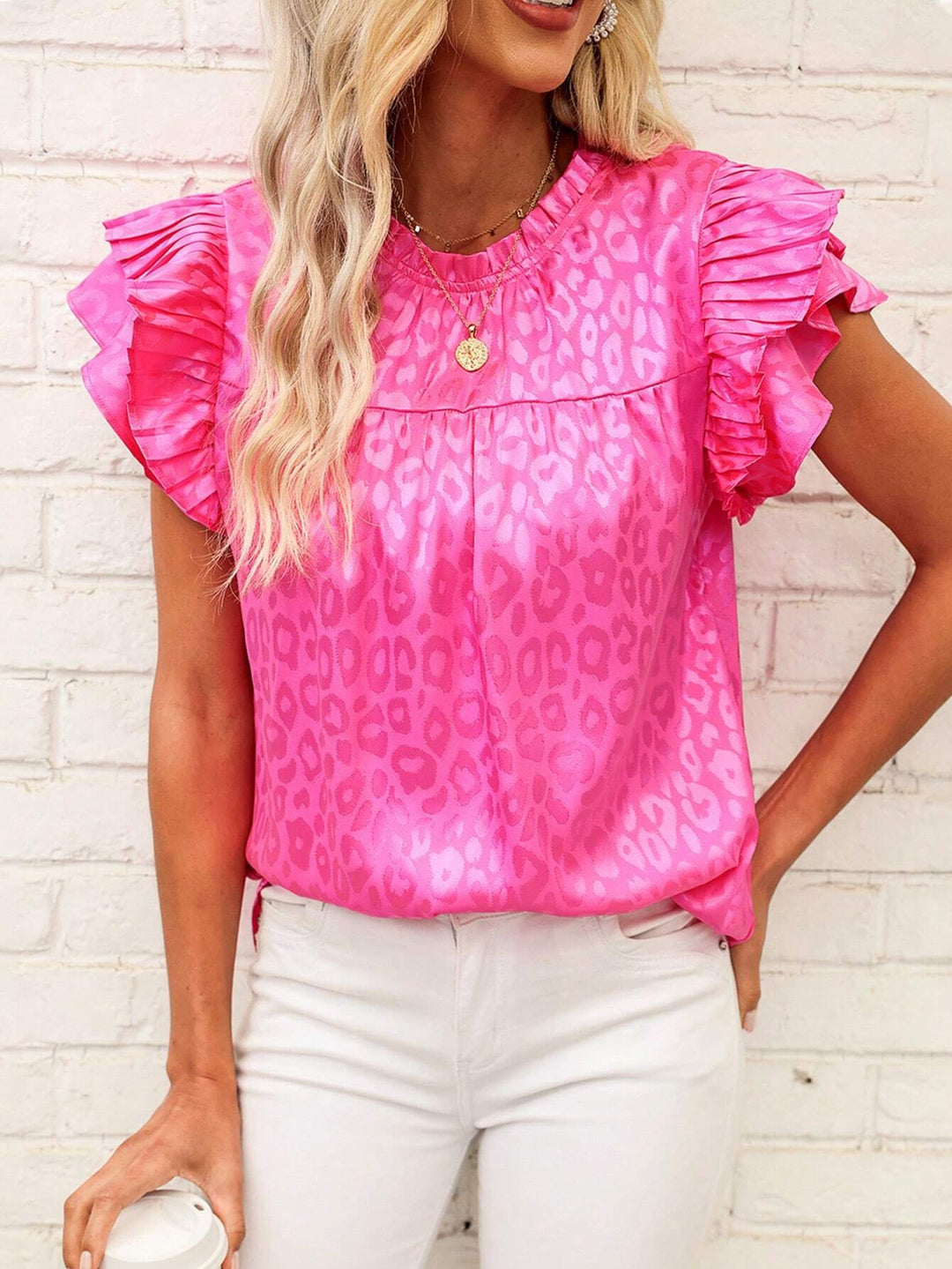 Damen Satinbluse mit Jacquard-Leoprint und gestuften Plissee-Volantärmeln Shop Nory