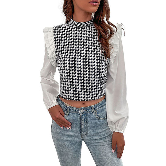 Damen Hahnentritt-Cropped-Top mit Rüschen‑Schultern und langen Chiffonärmeln Shop Nory