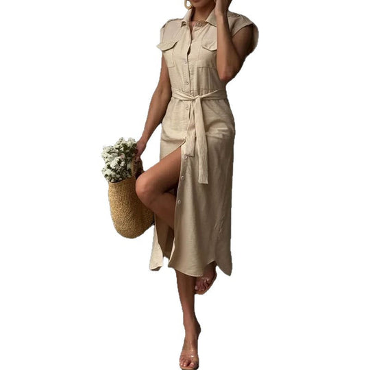 Damen Hemdblusenkleid mit schickem Bindegürtel und praktischen Pattentaschen Shopnory