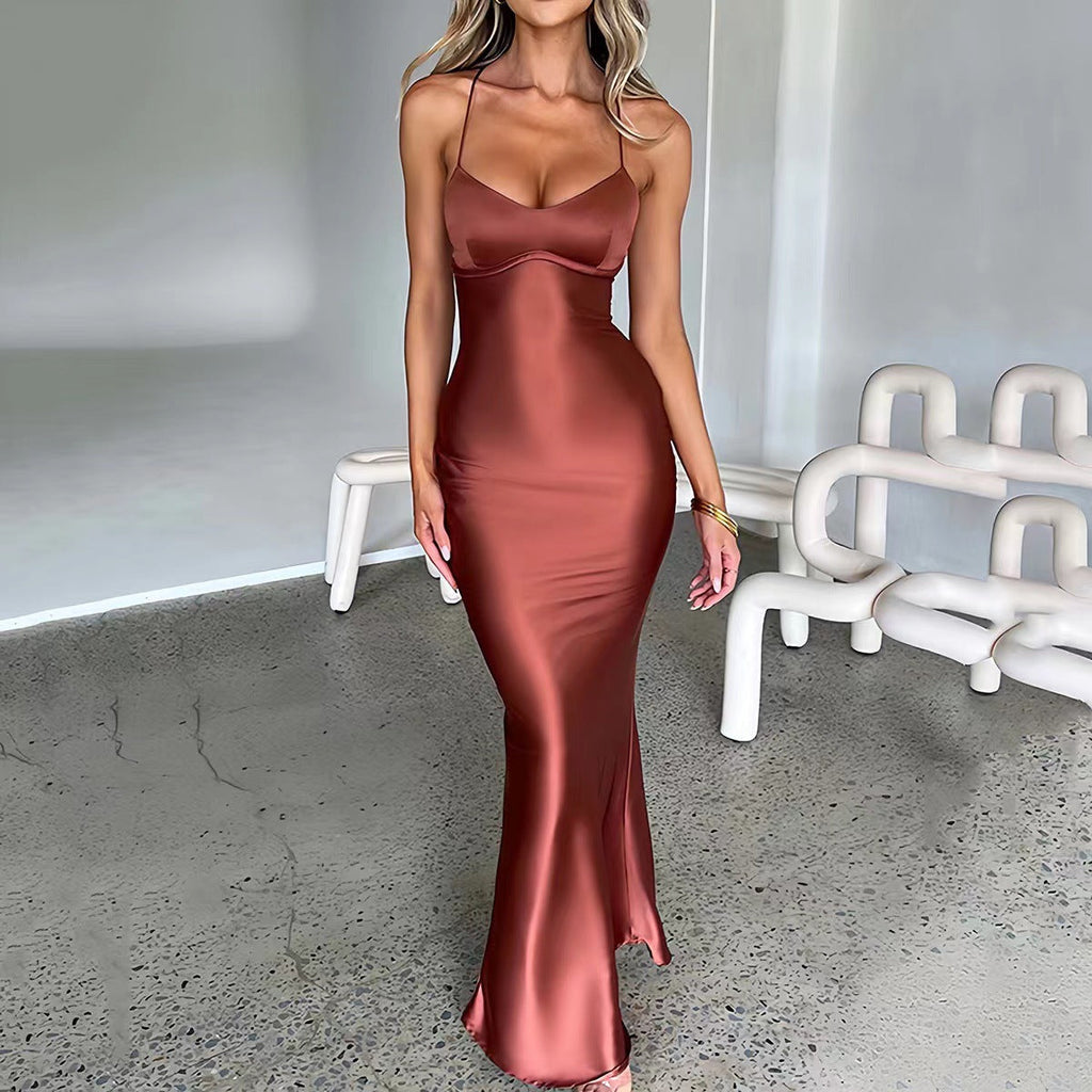 Damen Glamouröses Langarm-Maxi-Kleid mit verstellbaren Trägern und figurbetontem Schnitt