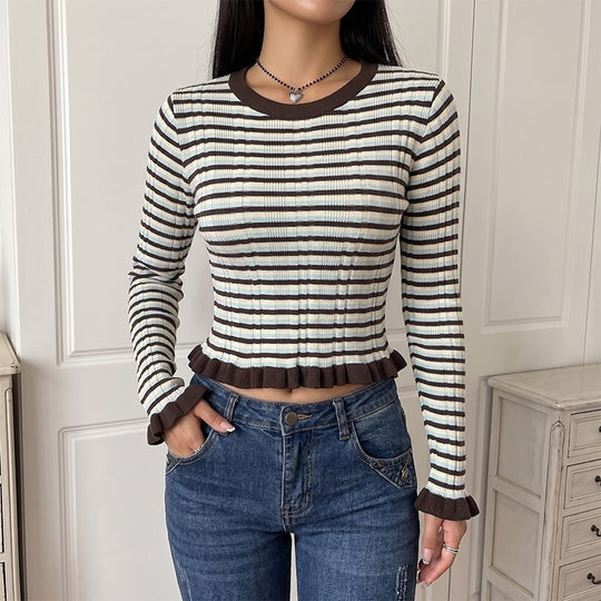 Damen Elegantes gestreiftes Crop-Top mit Rüschendetails Shop Nory