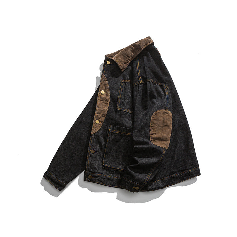Herren Boxy Denim-Workerjacke mit Cordkragen, Pattentaschen und Ellbogenpatches Shop Nory