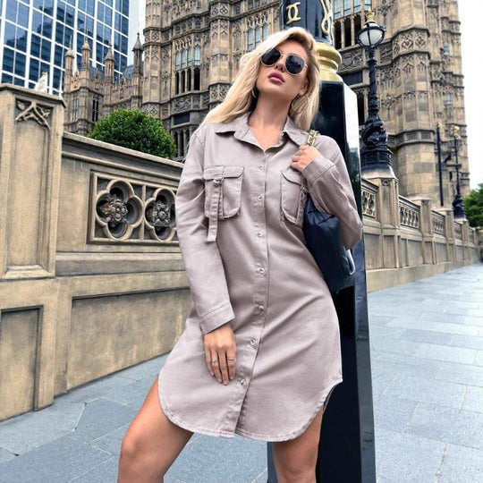 Damen Oversized-Hemdblusenkleid mit aufgesetzten Pattentaschen und geschwungenem Saum Shop Nory