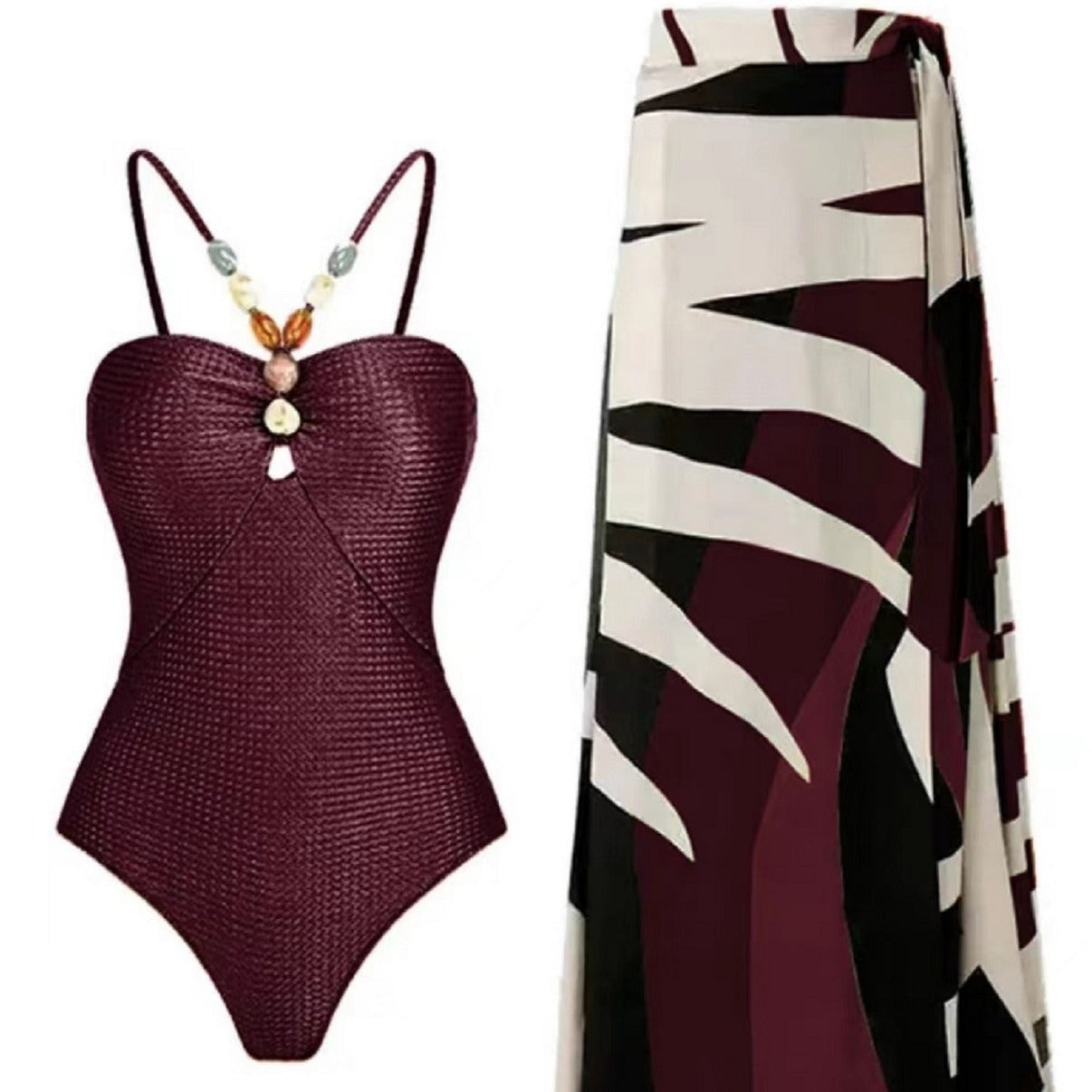 Damen Badeanzug mit elegantem Wickelrock und modischen Schmuckdetails