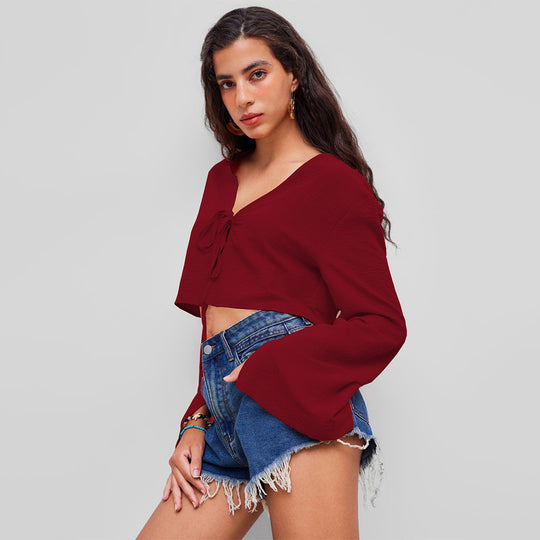 Damen kurzes Bindecrop-Top mit V-Ausschnitt, Knotenbindetail und Glockenärmeln Shop Nory