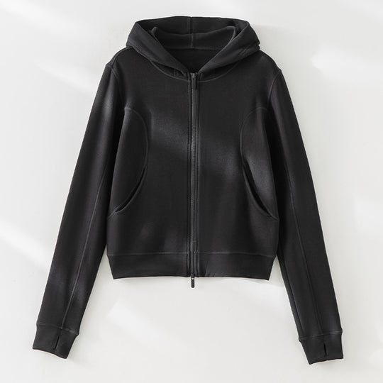 Damen Cropped Kapuzenjacke mit Reißverschluss und konturierten Eingrifftaschen Shop Nory