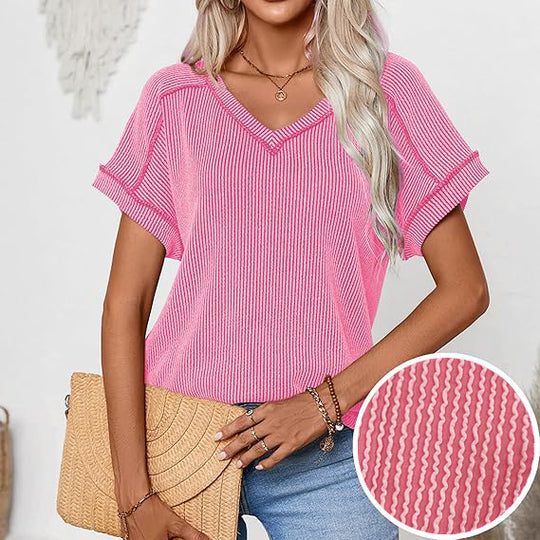 Damen Geripptes V-Ausschnitt Kurzarm-Feinstricktop mit umgeschlagenen Ärmeln Shop Nory