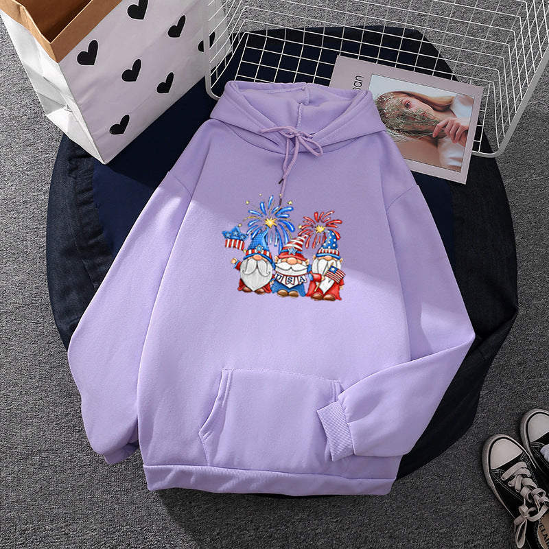 Damen nan Kapuzenpullover mit patriotischem Gartenzwerg-Print, angerautem Fleece-Innenfutter, Oversize-Schnitt und Kängurutasche Shop Nory