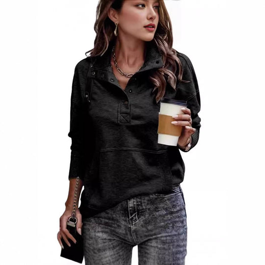 Damen Sweatpullover mit Stehkragen-Knopfleiste und Kängurutasche Shop Nory