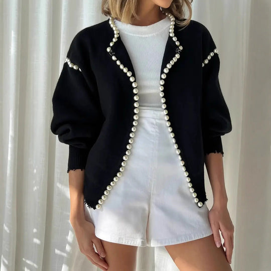 Damen Perlenverzierter Feinstrick-Cardigan mit Ballonärmeln Shop Nory